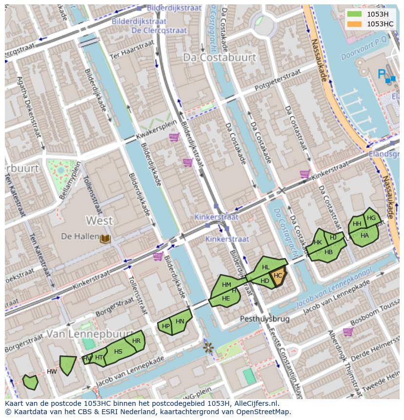 Afbeelding van het postcodegebied 1053 HC op de kaart.