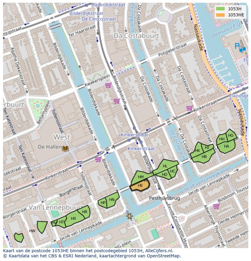 Afbeelding van het postcodegebied 1053 HE op de kaart.