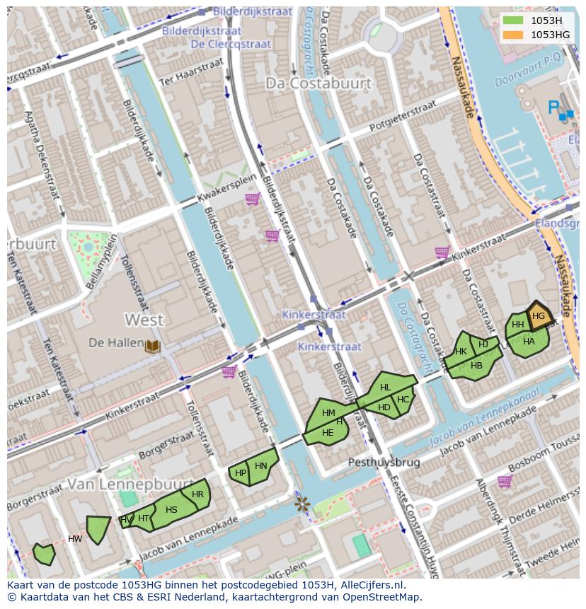 Afbeelding van het postcodegebied 1053 HG op de kaart.