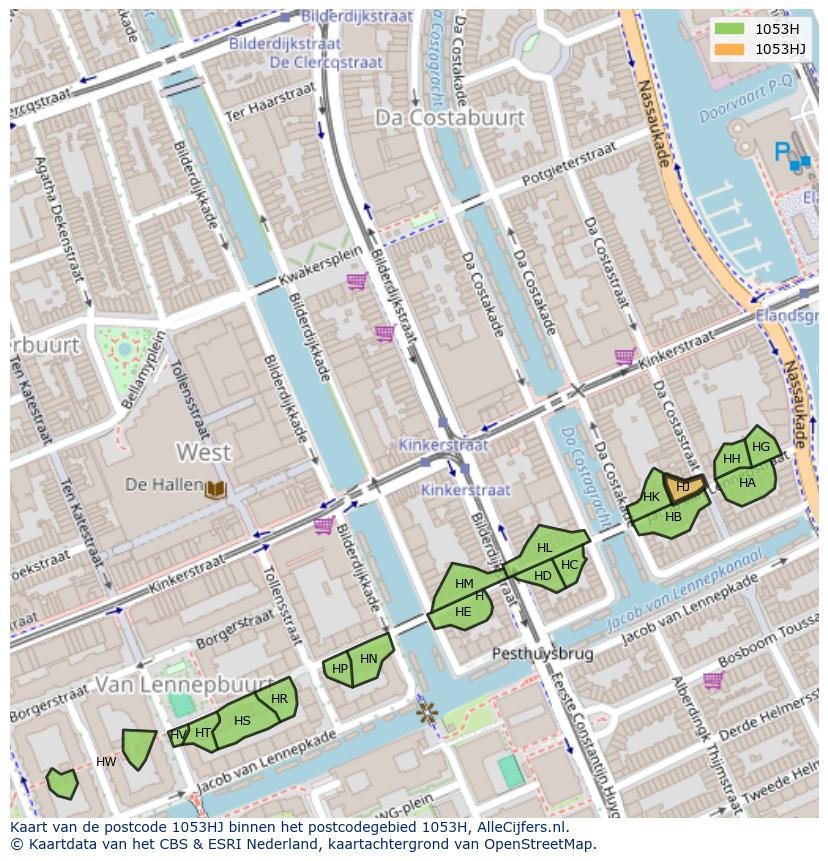 Afbeelding van het postcodegebied 1053 HJ op de kaart.
