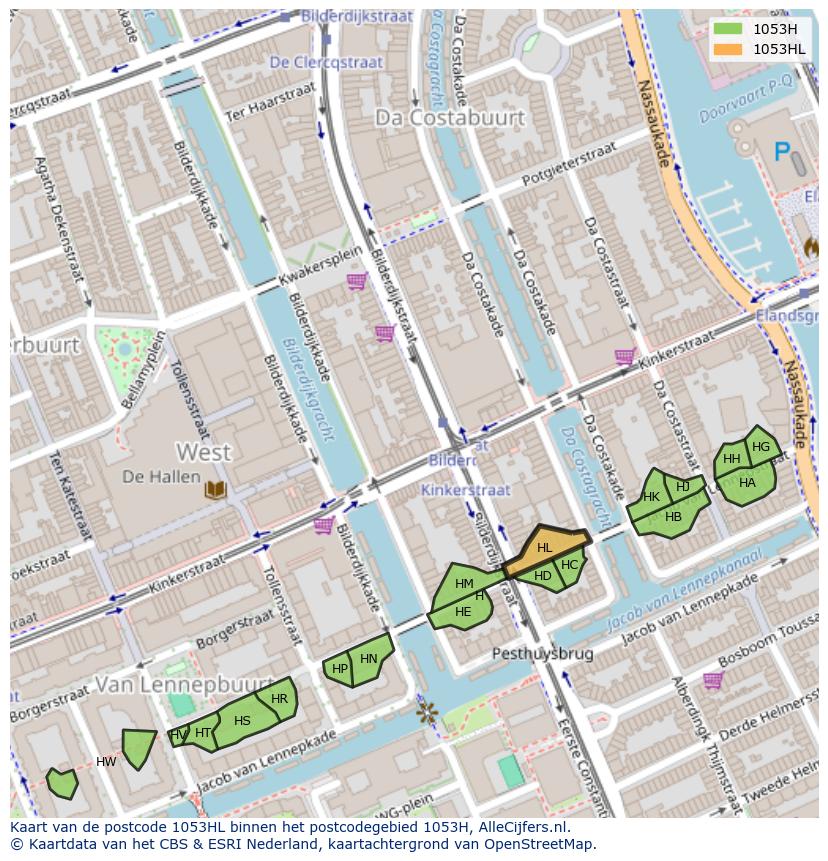 Afbeelding van het postcodegebied 1053 HL op de kaart.