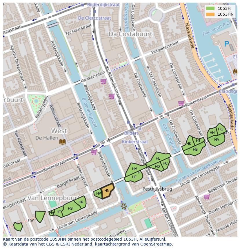 Afbeelding van het postcodegebied 1053 HN op de kaart.