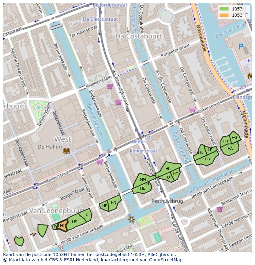 Afbeelding van het postcodegebied 1053 HT op de kaart.