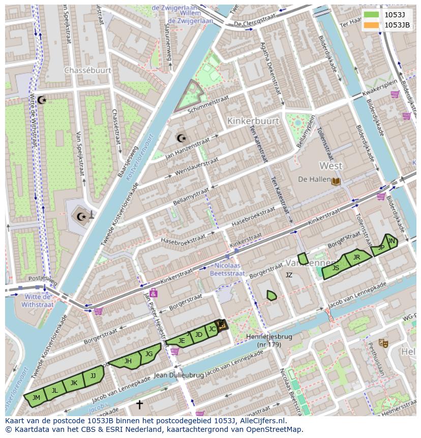 Afbeelding van het postcodegebied 1053 JB op de kaart.