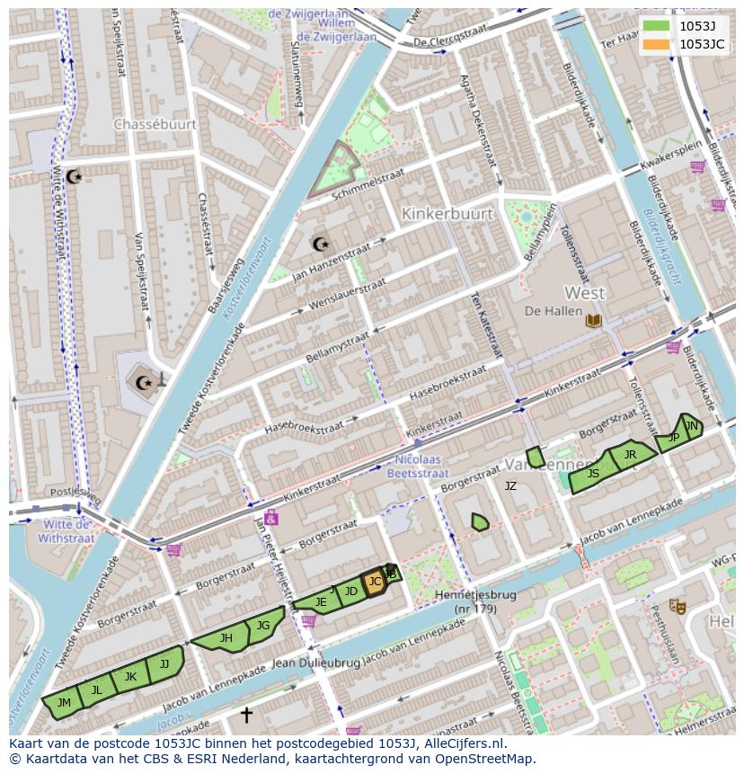 Afbeelding van het postcodegebied 1053 JC op de kaart.