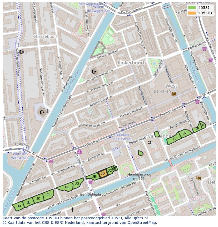 Afbeelding van het postcodegebied 1053 JD op de kaart.