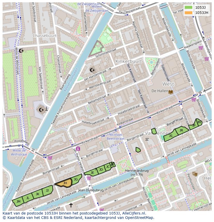 Afbeelding van het postcodegebied 1053 JH op de kaart.
