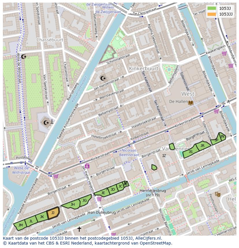 Afbeelding van het postcodegebied 1053 JJ op de kaart.