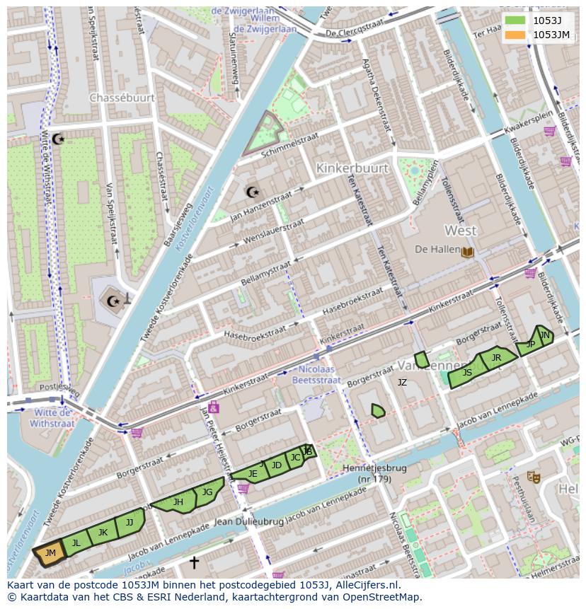 Afbeelding van het postcodegebied 1053 JM op de kaart.