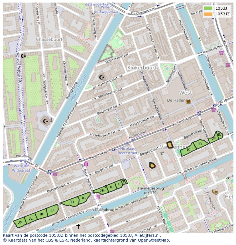 Afbeelding van het postcodegebied 1053 JZ op de kaart.
