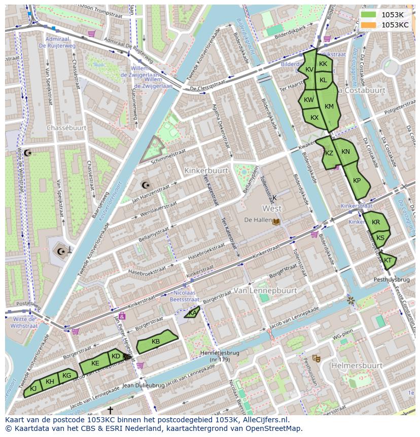 Afbeelding van het postcodegebied 1053 KC op de kaart.