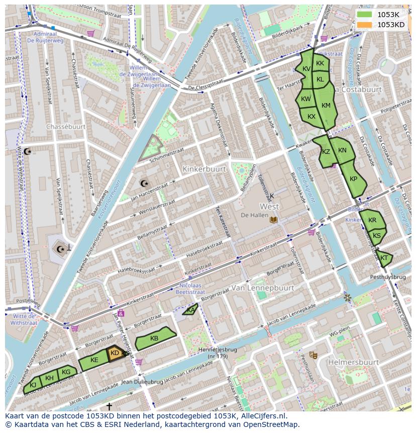 Afbeelding van het postcodegebied 1053 KD op de kaart.