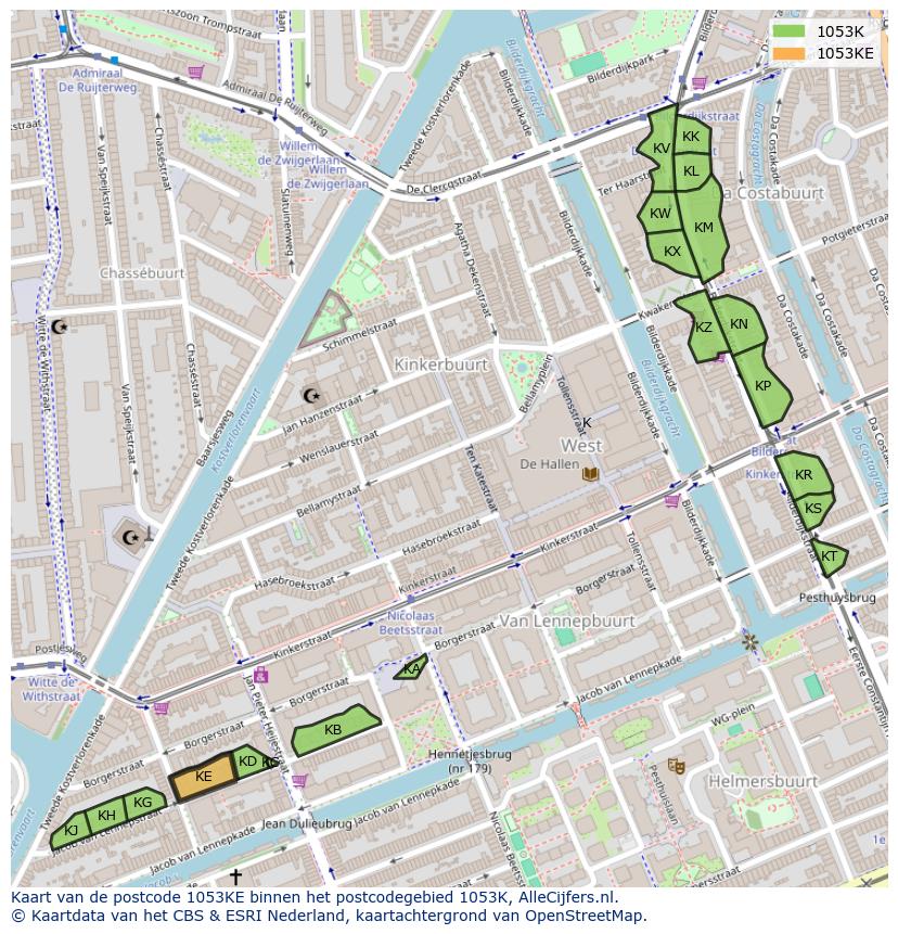 Afbeelding van het postcodegebied 1053 KE op de kaart.