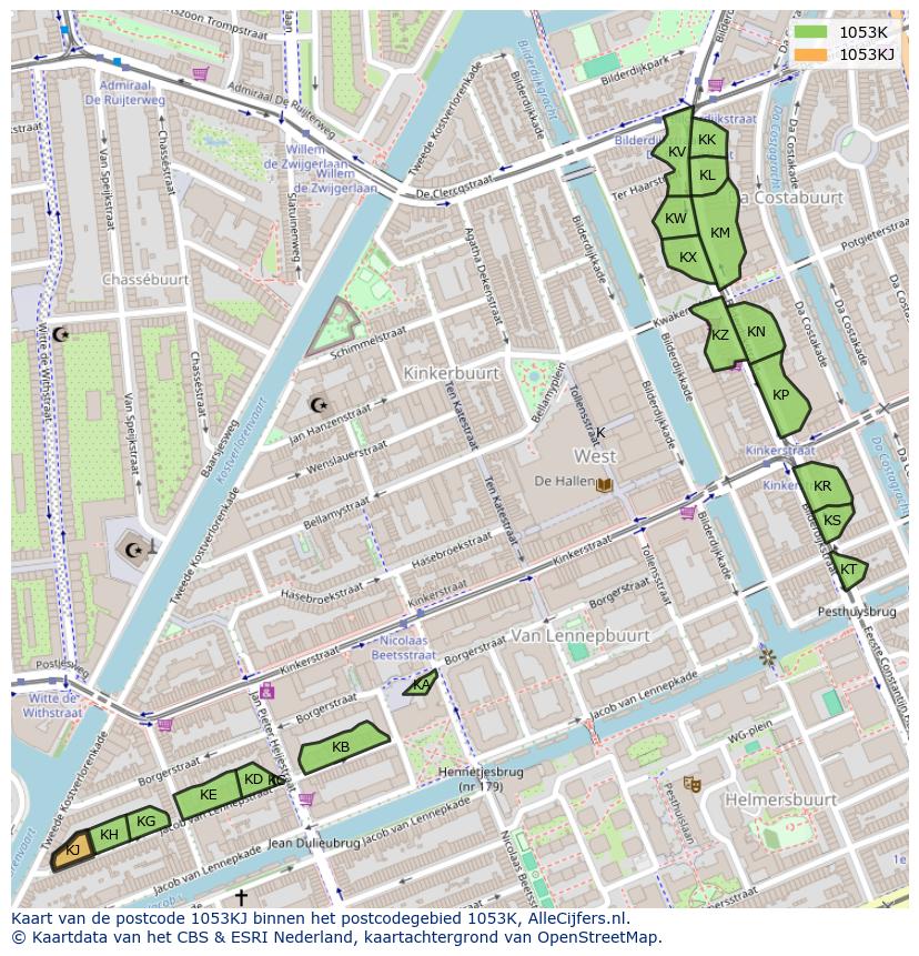 Afbeelding van het postcodegebied 1053 KJ op de kaart.