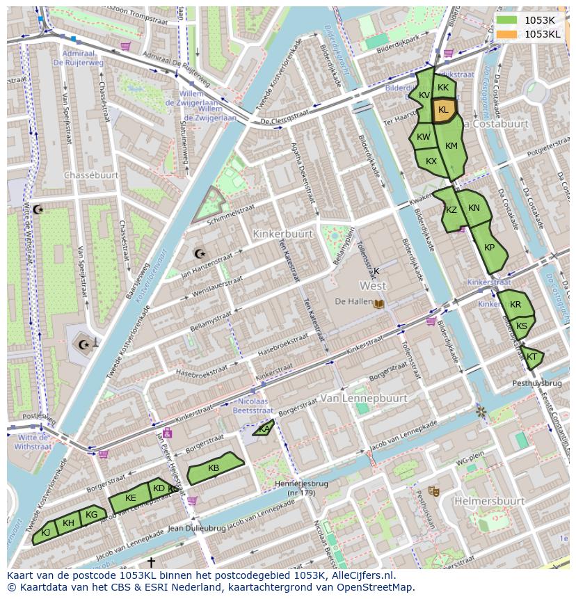 Afbeelding van het postcodegebied 1053 KL op de kaart.