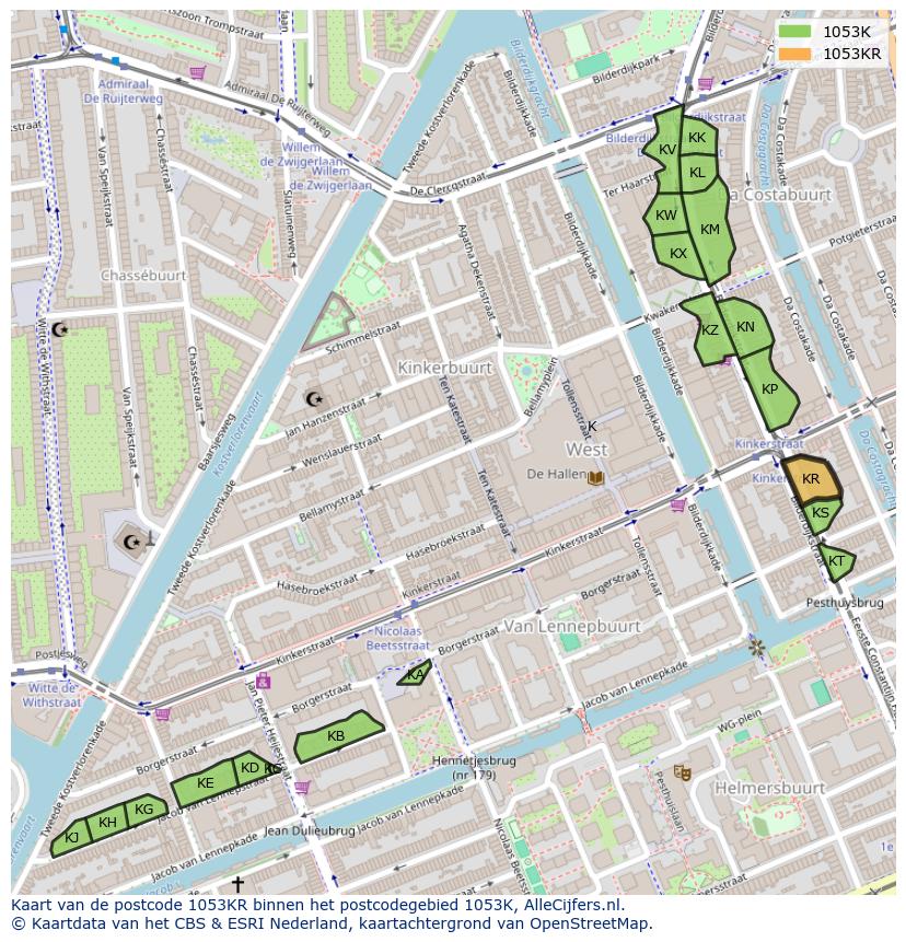 Afbeelding van het postcodegebied 1053 KR op de kaart.