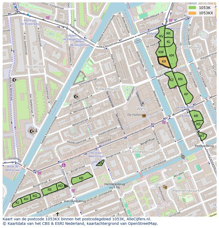 Afbeelding van het postcodegebied 1053 KX op de kaart.