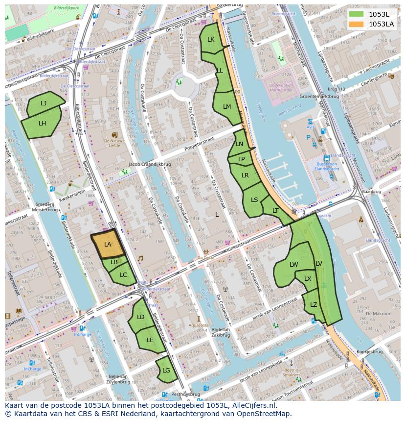 Afbeelding van het postcodegebied 1053 LA op de kaart.