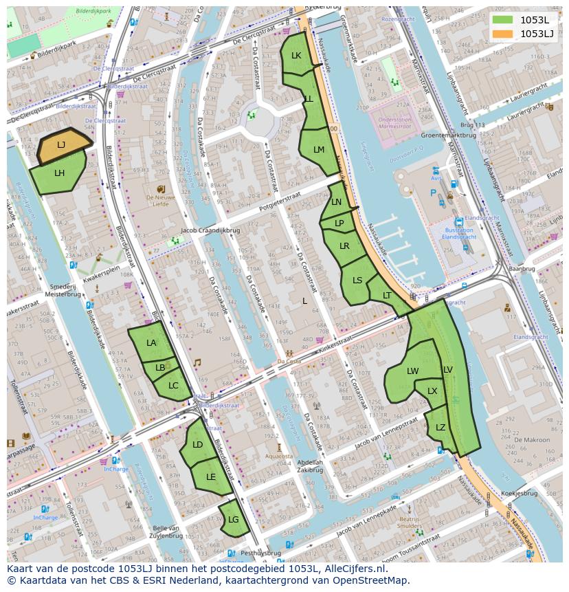 Afbeelding van het postcodegebied 1053 LJ op de kaart.