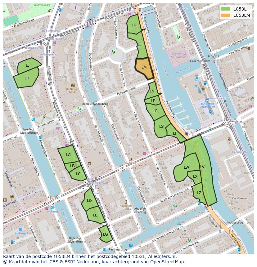 Afbeelding van het postcodegebied 1053 LM op de kaart.