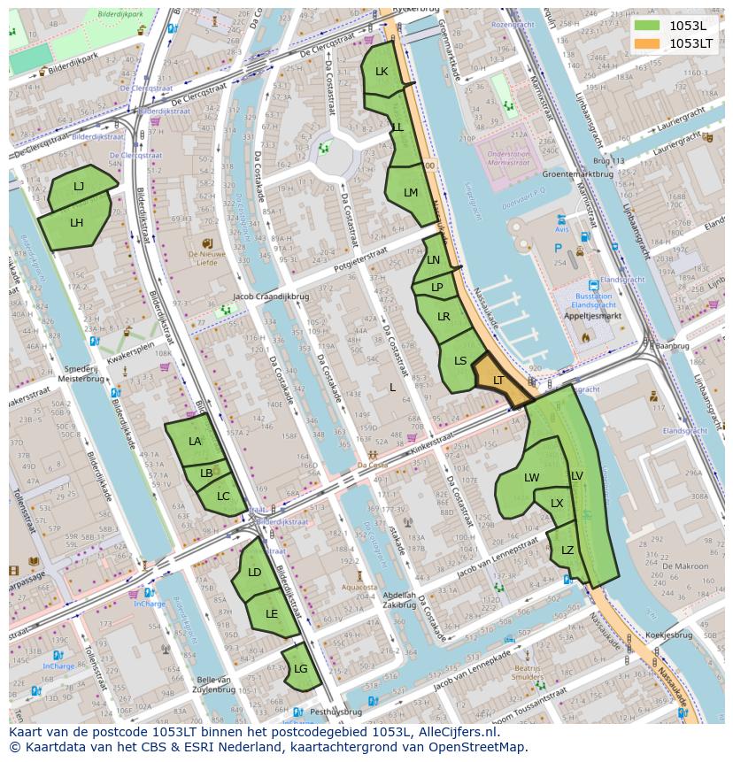 Afbeelding van het postcodegebied 1053 LT op de kaart.
