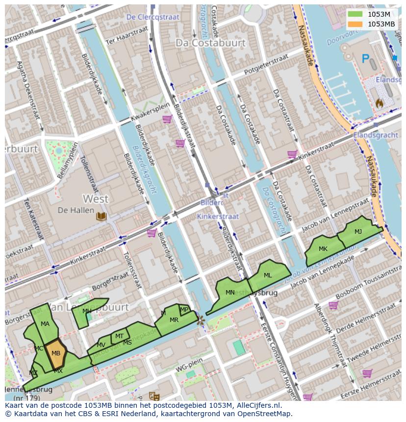 Afbeelding van het postcodegebied 1053 MB op de kaart.