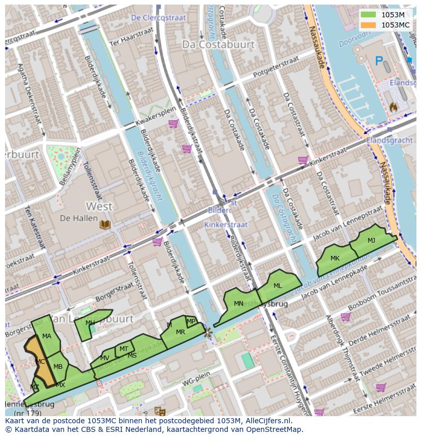 Afbeelding van het postcodegebied 1053 MC op de kaart.