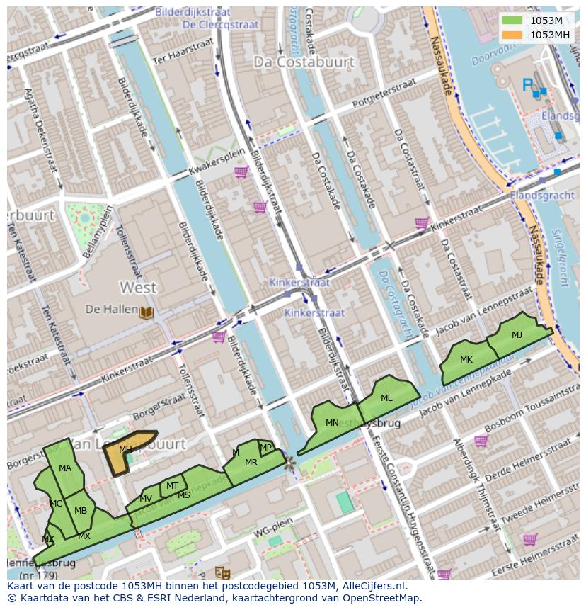 Afbeelding van het postcodegebied 1053 MH op de kaart.
