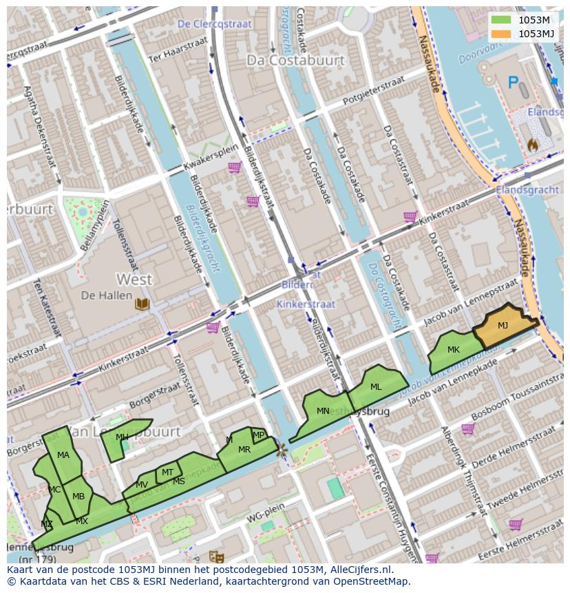 Afbeelding van het postcodegebied 1053 MJ op de kaart.