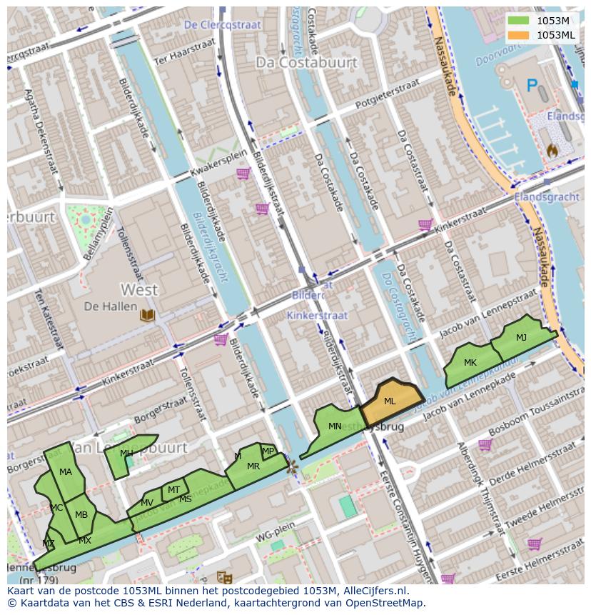Afbeelding van het postcodegebied 1053 ML op de kaart.