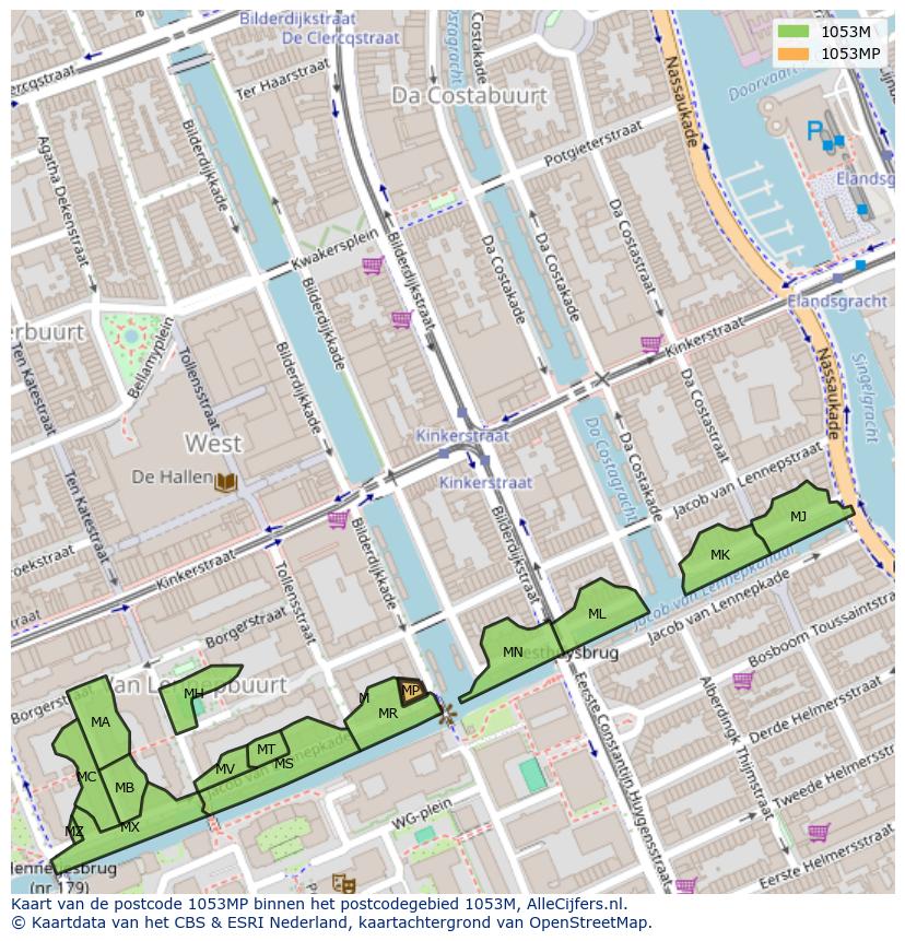 Afbeelding van het postcodegebied 1053 MP op de kaart.