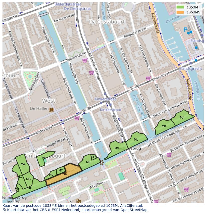 Afbeelding van het postcodegebied 1053 MS op de kaart.