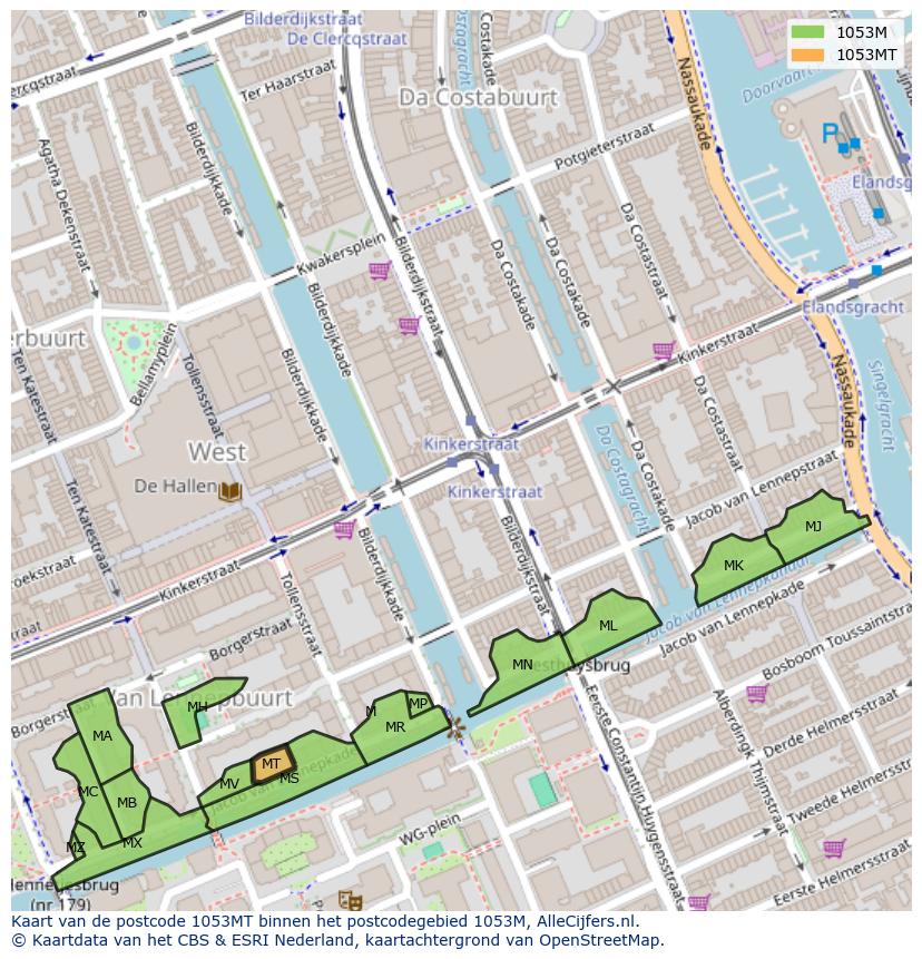 Afbeelding van het postcodegebied 1053 MT op de kaart.