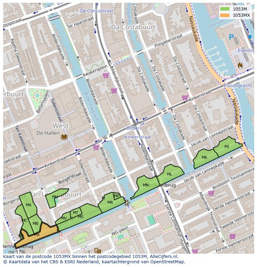 Afbeelding van het postcodegebied 1053 MX op de kaart.