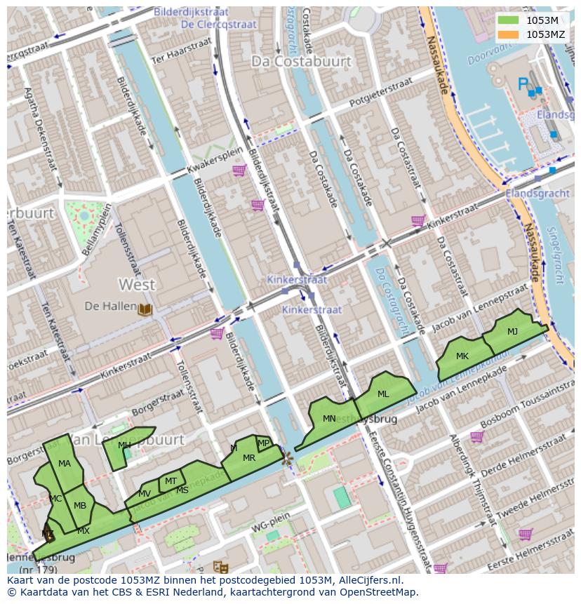 Afbeelding van het postcodegebied 1053 MZ op de kaart.
