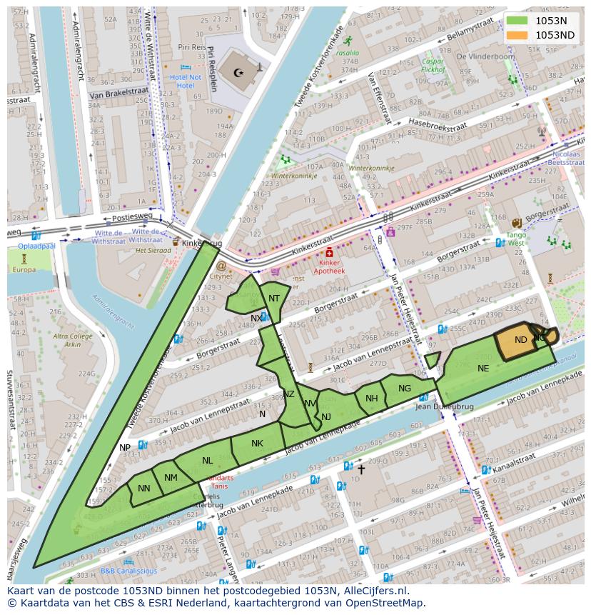 Afbeelding van het postcodegebied 1053 ND op de kaart.