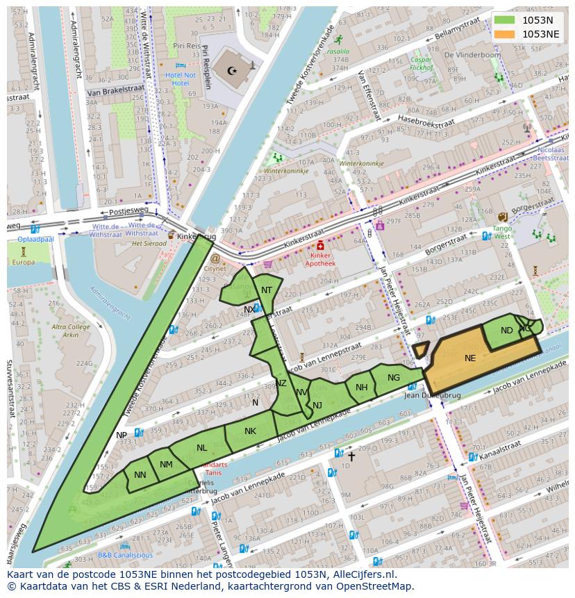 Afbeelding van het postcodegebied 1053 NE op de kaart.
