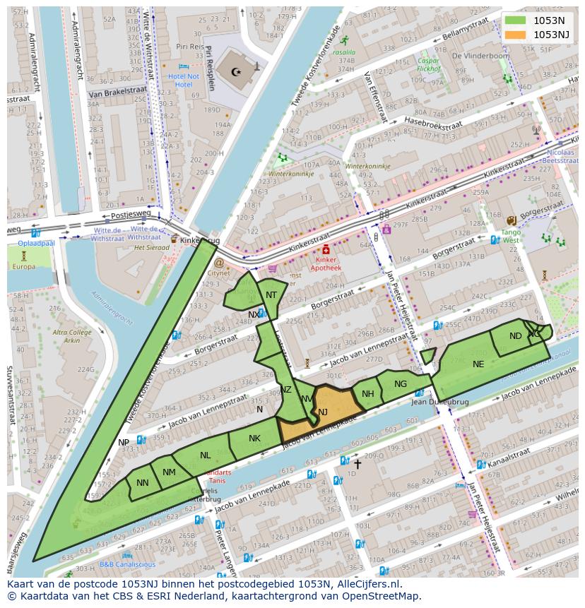 Afbeelding van het postcodegebied 1053 NJ op de kaart.