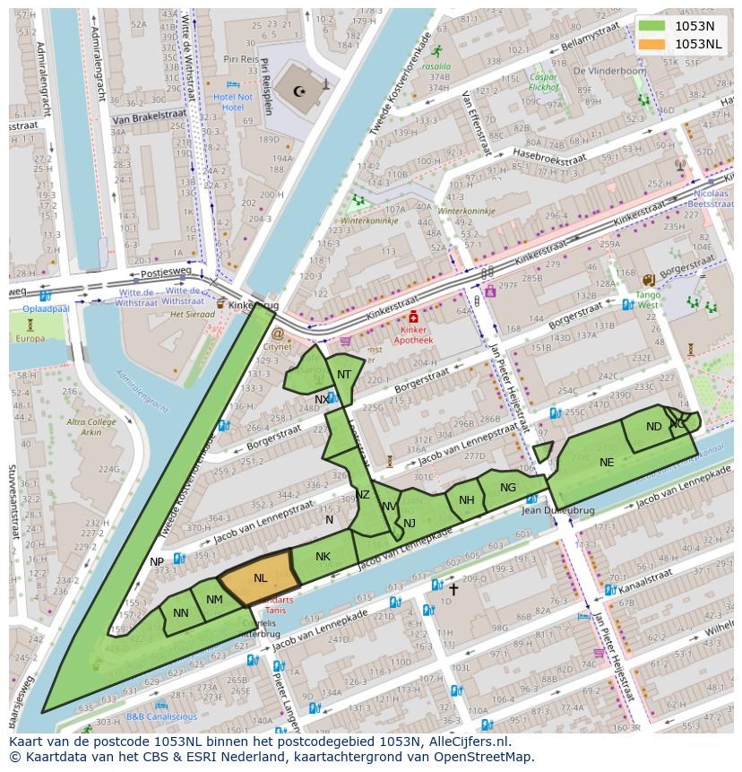 Afbeelding van het postcodegebied 1053 NL op de kaart.