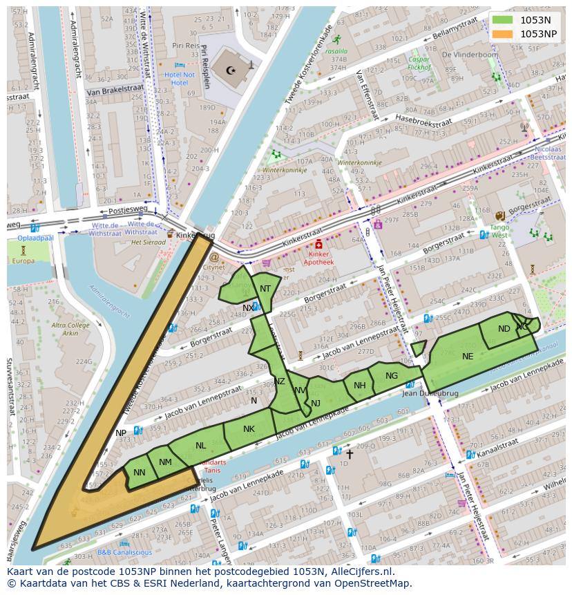 Afbeelding van het postcodegebied 1053 NP op de kaart.