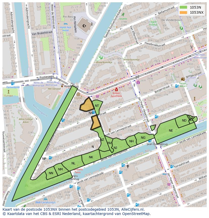 Afbeelding van het postcodegebied 1053 NX op de kaart.