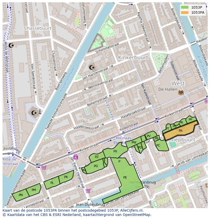 Afbeelding van het postcodegebied 1053 PA op de kaart.