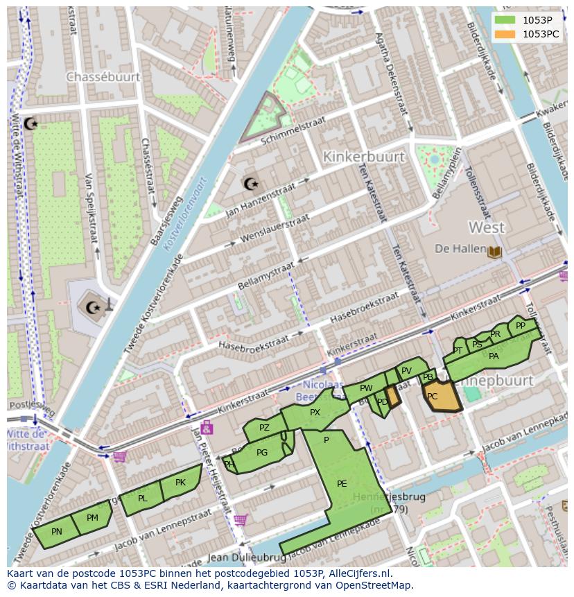 Afbeelding van het postcodegebied 1053 PC op de kaart.