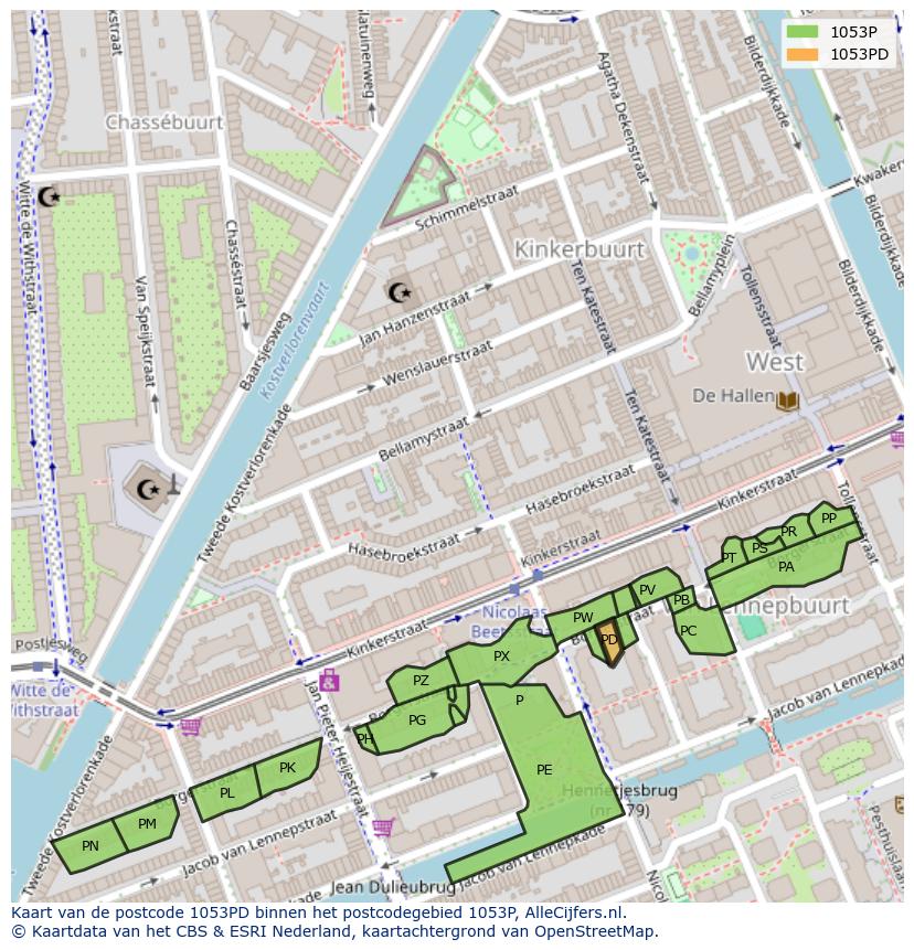 Afbeelding van het postcodegebied 1053 PD op de kaart.