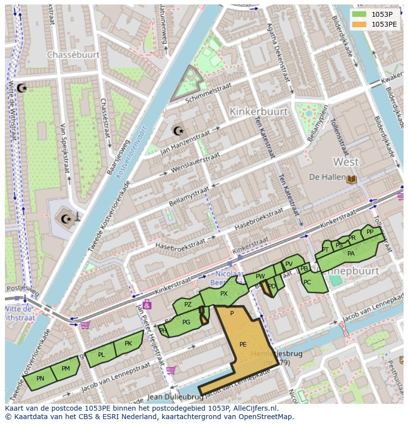 Afbeelding van het postcodegebied 1053 PE op de kaart.