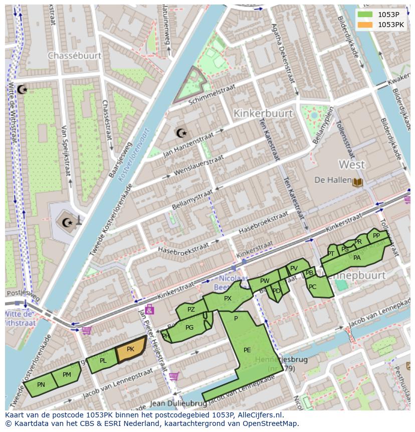 Afbeelding van het postcodegebied 1053 PK op de kaart.