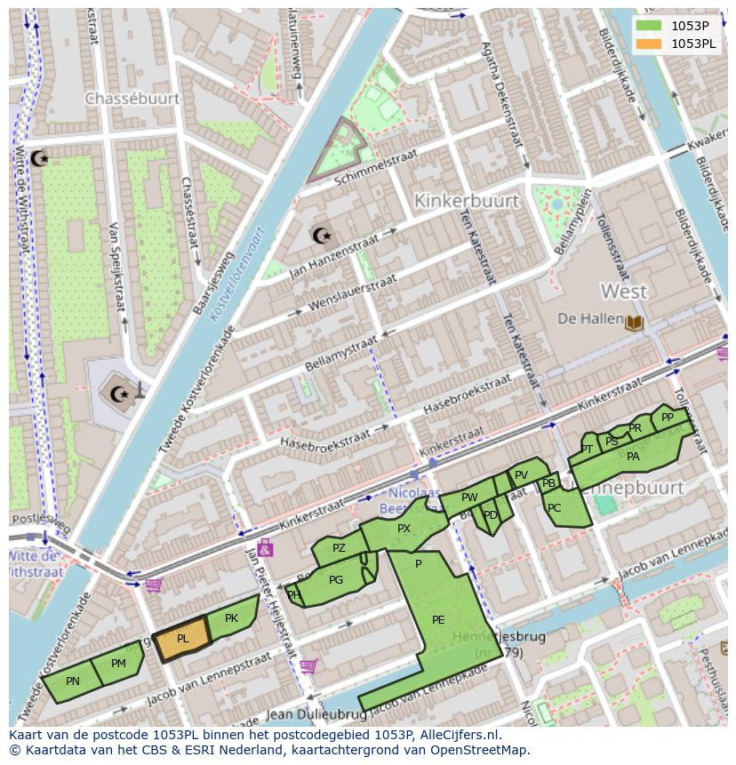 Afbeelding van het postcodegebied 1053 PL op de kaart.