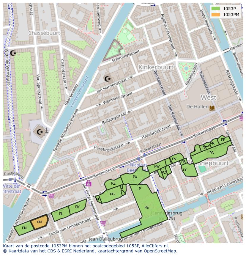 Afbeelding van het postcodegebied 1053 PM op de kaart.