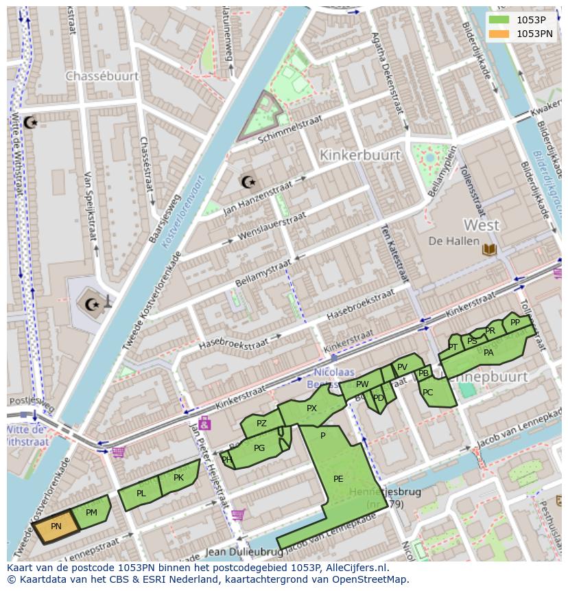 Afbeelding van het postcodegebied 1053 PN op de kaart.