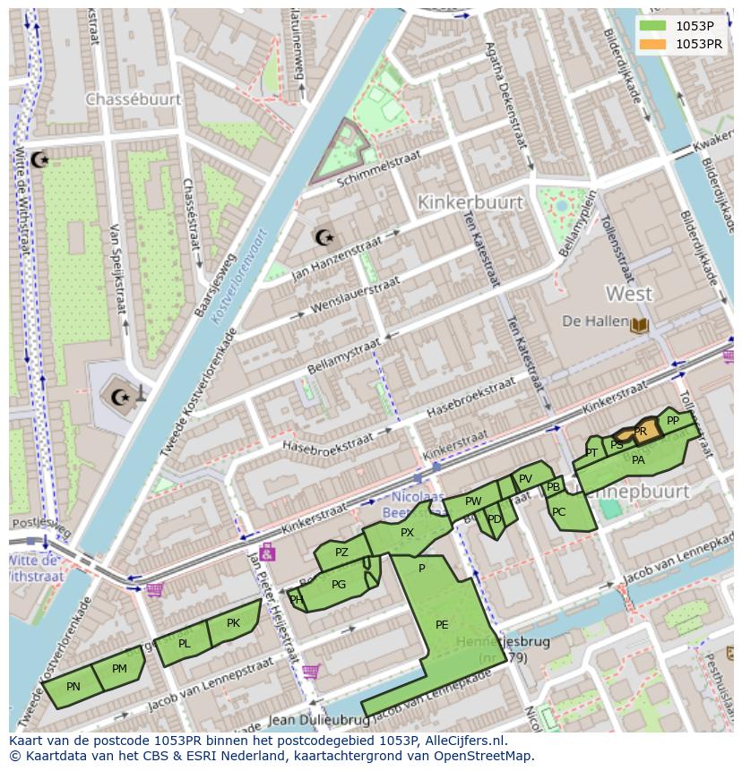 Afbeelding van het postcodegebied 1053 PR op de kaart.